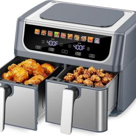 9.5 Quart Large Dual Basket Air Fryer With Double Basket, Independent Temp Control & Sync Mode, 10 Presets - Bake&Broil&Defrost&Dehydrate, Shake Remin