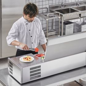 Refrigerated Condiment Prep Station, 135 W Countertop Refrigerated Condiment Station, With 2 1/3 Pans & 4 1/6 Pans, 304 Stainless Body And PC Lid, San