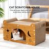 Cat Scratcher House with Bed and Hanging Toy, Wooden Cat Cave with Corrugated Scratching Board