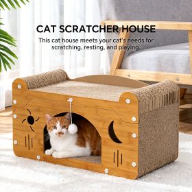 Cat Scratcher House with Bed and Hanging Toy, Wooden Cat Cave with Corrugated Scratching Board