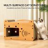 Cat Scratcher House with Bed and 2 Hanging Ball Toys, Wooden Cat Cave with Corrugated Scratching Board