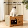 Cat Scratcher House with Bed and 2 Hanging Ball Toys, Wooden Cat Cave with Corrugated Scratching Board