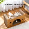Cat Scratcher House with Bed and Hanging Toy, Wooden Cat Cave with Corrugated Scratching Board