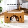 Cat Scratcher House with Bed and Hanging Toy, Wooden Cat Cave with Corrugated Scratching Board