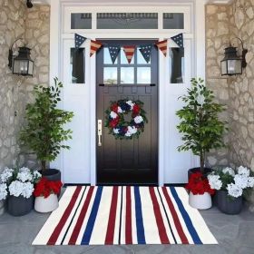 1pc 4th Of July Patriotic Door Mat - Blue White Red Striped Welcome Mat With Stars & Stripes Design, Durable Non-Woven Fabric & Rubber Backing, Hand W (Option: 24inchesx16inches)