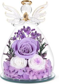 Gifts for Mom Birthday Gifts for Women Preserved Rose Forever Flower in Glass Angel Figurines Fresh Flowers for Delivery Anniversary Mothers Day Real (Color: Lavender Purple (Rose, Austin, Baby's Breath, Hydrangea))