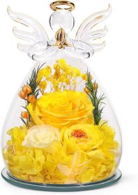 Gifts for Mom Birthday Gifts for Women Preserved Rose Forever Flower in Glass Angel Figurines Fresh Flowers for Delivery Anniversary Mothers Day Real (Color: Yellow (Rose, Austin, Baby's Breath, Hydrangea))