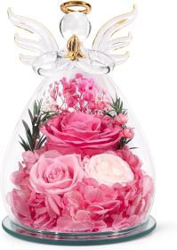 Gifts for Mom Birthday Gifts for Women Preserved Rose Forever Flower in Glass Angel Figurines Fresh Flowers for Delivery Anniversary Mothers Day Real (Color: Pink (Rose, Austin, Baby's Breath, Hydrangea))