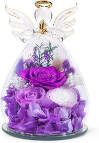 Gifts for Mom Birthday Gifts for Women Preserved Rose Forever Flower in Glass Angel Figurines Fresh Flowers for Delivery Anniversary Mothers Day Real (Color: A-purple (Rose, Austin, Baby's Breath, Hydrangea))