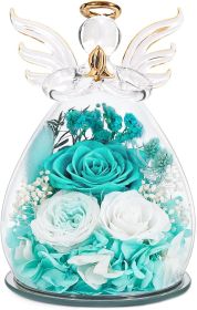 Gifts for Mom Birthday Gifts for Women Preserved Rose Forever Flower in Glass Angel Figurines Fresh Flowers for Delivery Anniversary Mothers Day Real (Color: Bright Blue (Rose, Austin, Baby's Breath, Hydrangea))