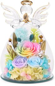 Gifts for Mom Birthday Gifts for Women Preserved Rose Forever Flower in Glass Angel Figurines Fresh Flowers for Delivery Anniversary Mothers Day Real (Color: Spring Rainbow(rose, Austin, Baby's Breath, Hydrangea))