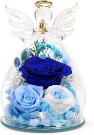 Gifts for Mom Birthday Gifts for Women Preserved Rose Forever Flower in Glass Angel Figurines Fresh Flowers for Delivery Anniversary Mothers Day Real (Color: Dark Blue (Rose, Austin, Baby's Breath, Hydrangea))