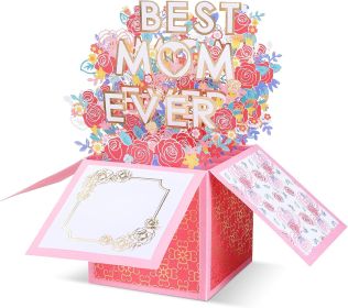 3D Pop Up Mothers Day Card, Best Mom Ever, Handmade Flowers Pop Up Card for Mom, Wife, Women, Her, Mother Birthday Card with Envelope & Notecard (Color: Pink)